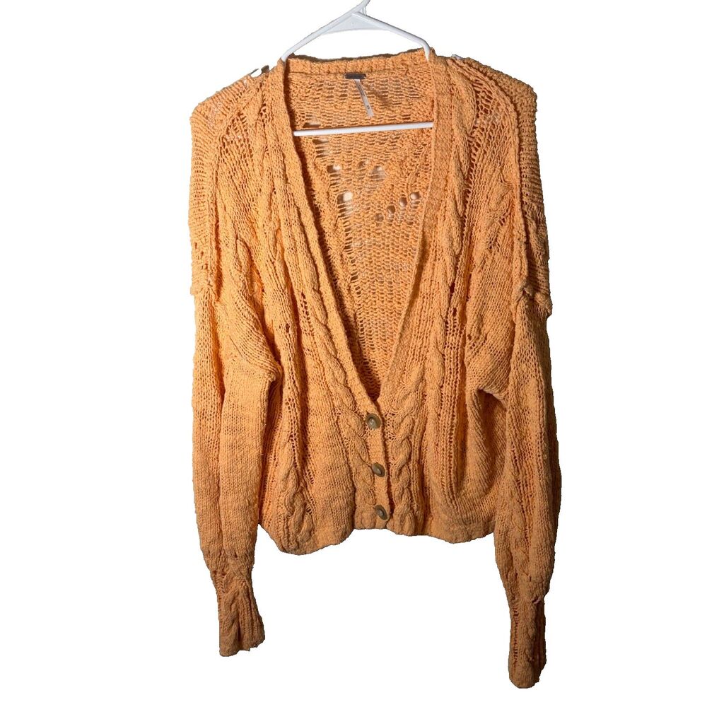 Free People Cardigan Sweater Women's Medium Orange Chunky Knit Crop Cable